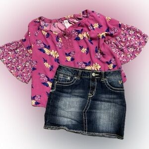 Justice Floral Pink Blouse and Denim Skirt Set Girls Size 12